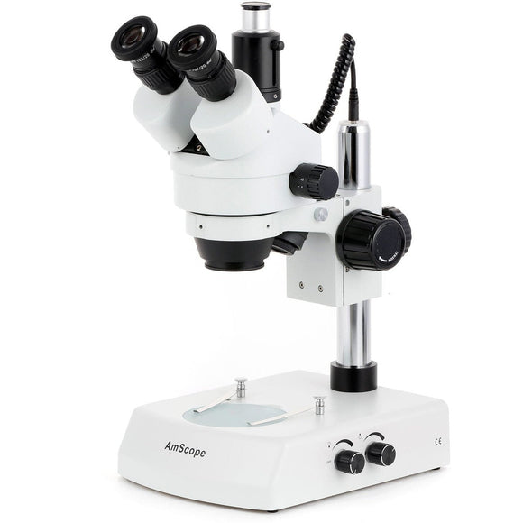 AmScope SM-2 Series Trinocular Stereo Microscope 3.5X-45X Magnification on Pillar Stand with LED Dual Lights and LED Dual Lights - Jacobs Digital