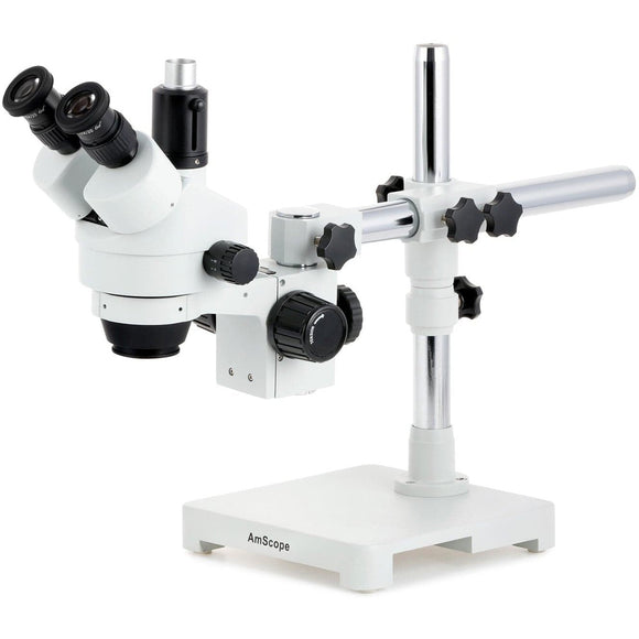 AmScope SM-3 Series Simul-Focal Zoom Trincocular Stereo Microscope 7x-90x Magnification on Single Arm Boom Stand - Jacobs Digital